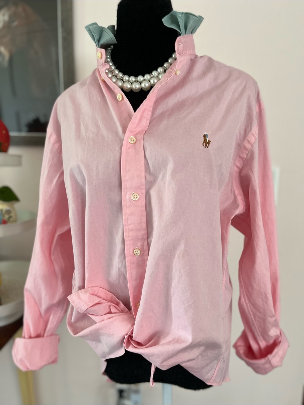 Refashioned Ralph Lauren Light Pink Oxford with Green Ruffle Collar